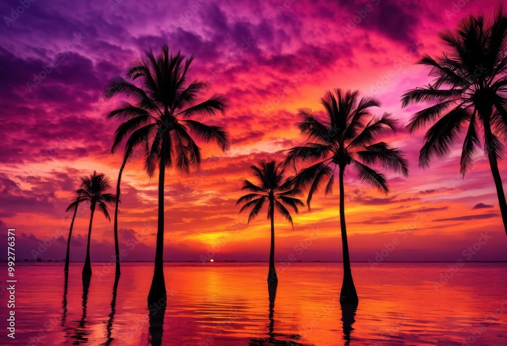 vibrant palm tree silhouettes framed stunning sunset rich colors dramatic sky, nature, landscape, tropical, horizon, orange, yellow, purple, dusk, blue