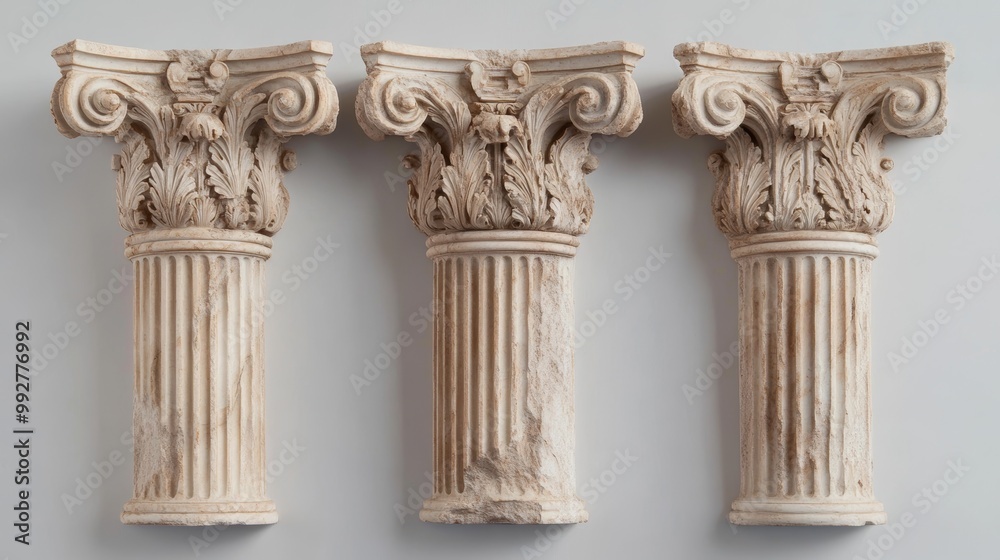 Obraz premium Decorative Greek columns from ancient Roman architecture. Corinthian pillars or wall ornaments in antiqued style. Carved marble construction decor. Stone parts of historical buildings.