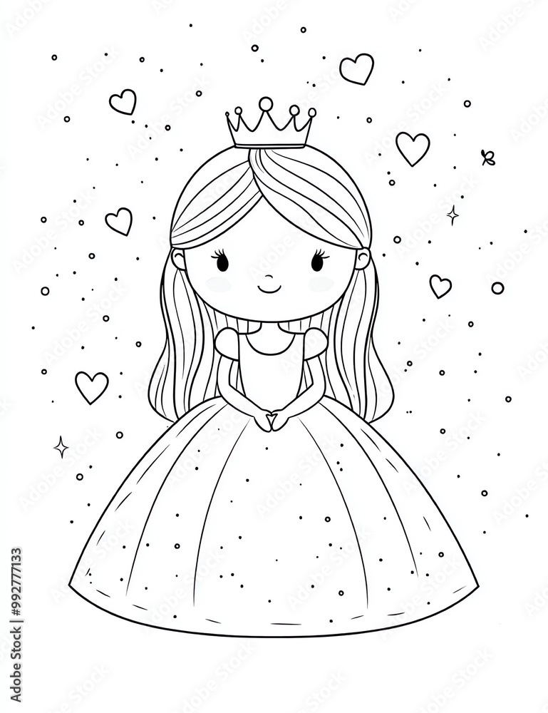 Fototapeta premium Cute cartoon princess coloring page, simple line art drawing with a white background and black lines