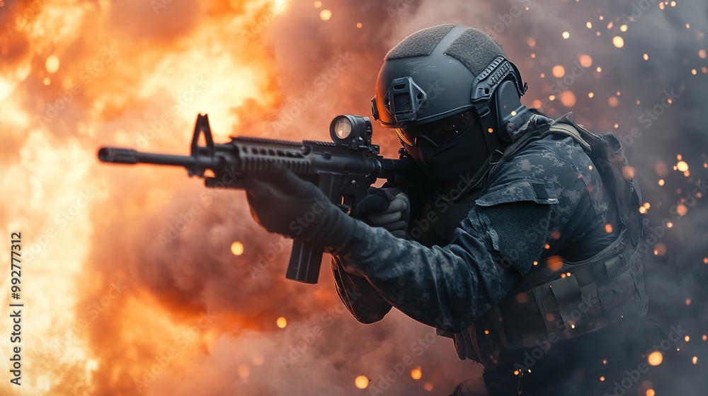 Cartoon-style depiction of a Navy SEAL soldier in a 3/4 point of view, showcasing a medium shot that captures the soldier wielding a realistic gun. Cartoon-style depiction of a Navy SEAL soldier in a 3/4 point of view, showcasing a medium shot that captures the soldier wielding a realistic gun.