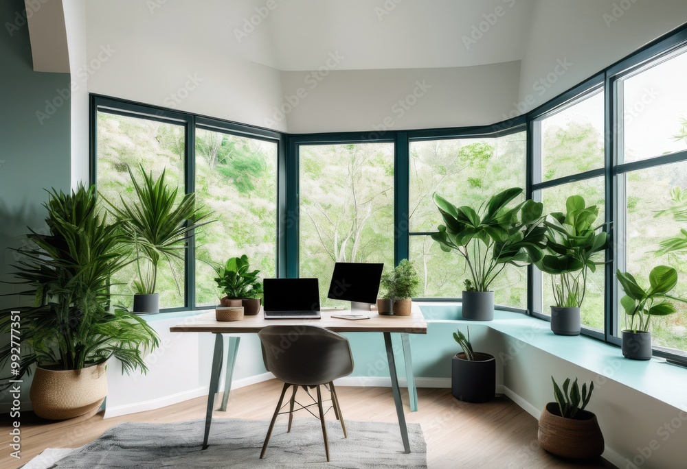 Fototapeta premium serene workspace featuring inviting natural views tranquil surroundings enhanced focus productivity, nature, greenery, office, sunlight, windows, desk