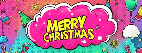 Banner Merry Christmas in pop art and comics book style. photo