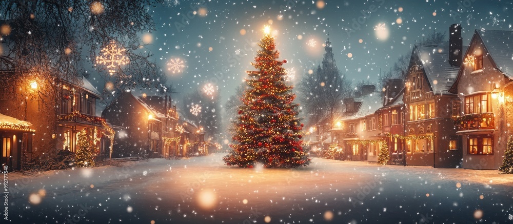 A tranquil winter scene with a snow-covered street, a decorated Christmas tree, and charming houses illuminated by warm lights. A tranquil winter scene with a snow-covered street, a decorated Christmas tree, and charming houses illuminated by warm lights.