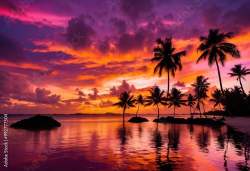 vibrant palm silhouettes framed breathtaking sunset hues purple over tranquil horizon, beach, orange, pink, sky, clouds, nature, landscape, twilight, dusk