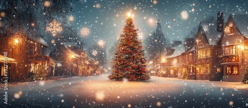 A tranquil winter scene with a snow-covered street, a decorated Christmas tree, and charming houses illuminated by warm lights.