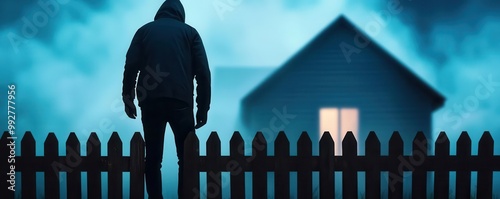 Silhouette of a burglar climbing over a backyard fence, preparing for a breakin as they approach a quiet house at night,3D illustration photo