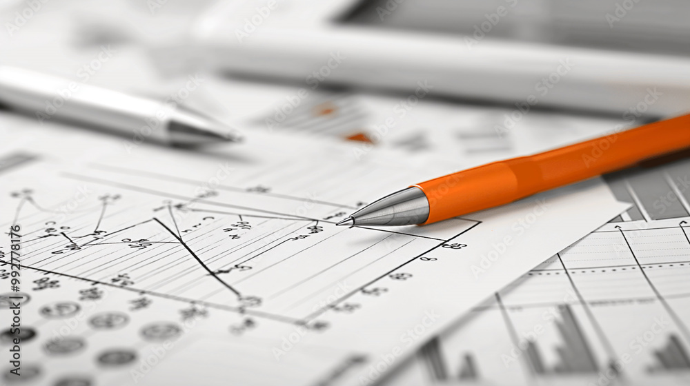 Orange Pen on Financial Charts and Graphs Orange Pen on Financial Charts and Graphs