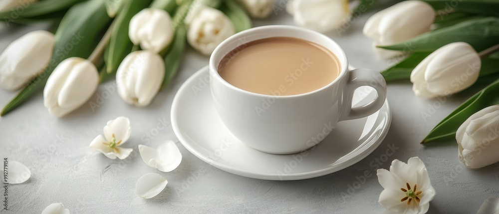 A serene scene featuring a cup of coffee surrounded by white tulips, evoking a tranquil and elegant atmosphere. A serene scene featuring a cup of coffee surrounded by white tulips, evoking a tranquil and elegant atmosphere.