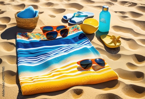 colorful beach towel displaying essential items fun day shore including flip flops, sunglasses, sunscreen, umbrella, beachball, sandals, cooler, water photo