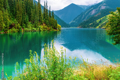 Fototapeta Naklejka Na Ścianę i Meble -  Lake Kolsay is located on the north slope of the Tian Shan Mountains, southeast Kazakhstan, within Kolsay Lakes National Park