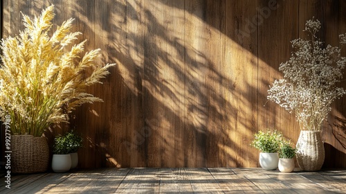 Wooden Wall with Plants, Sunlight, and Empty Floor Space