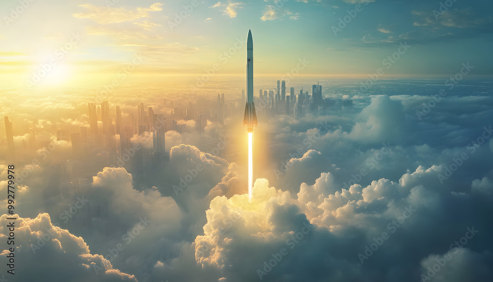 Fototapeta premium Rocket Launch at Dawn - City Skyline with Starry Night design