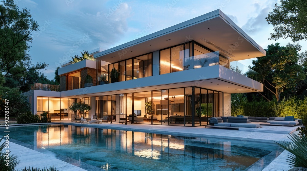 Luxury modern house with pool, evening. Luxury modern house with pool, evening.