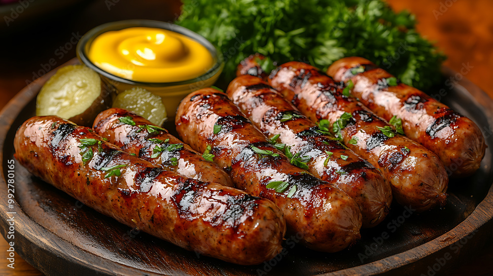 A vibrant platter of grilled sausages with mustard and pickles on the side A vibrant platter of grilled sausages with mustard and pickles on the side