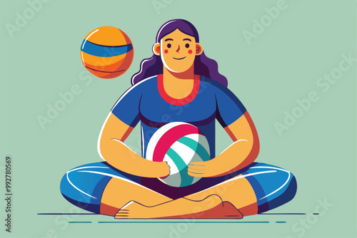 A person sits cross-legged, holding colorful volleyballs while smiling in a serene environment, Customizable sitting volleyball illustration