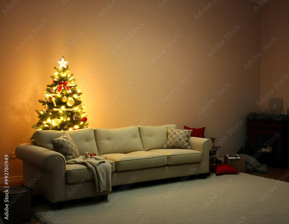 Living Room Christmas Lighting, Christmas Tree Lighted In Room, Night Time Living Room Christmas Lighting, Christmas Tree Lighted In Room, Night Time