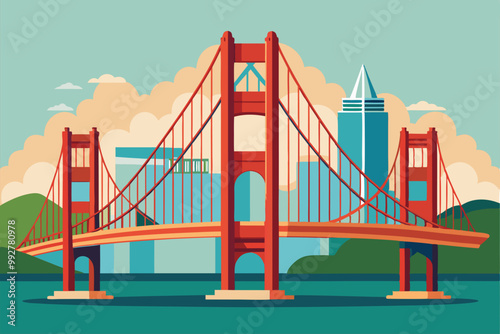 A vibrant illustration depicts the San Francisco Bridge against a backdrop of city buildings and nature, Customizable flat illustration of the San Francisco bridge.