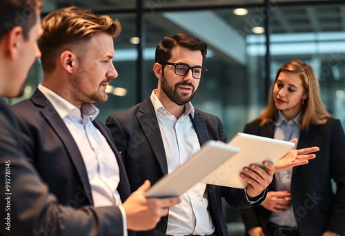 Businessman holding tablet in one hand gesturing with other hand