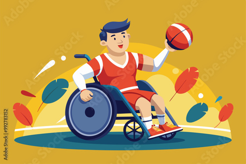 A wheelchair rugby athlete holds a basketball while sitting in a bright, colorful environment, Customizable illustration of wheelchair rugby