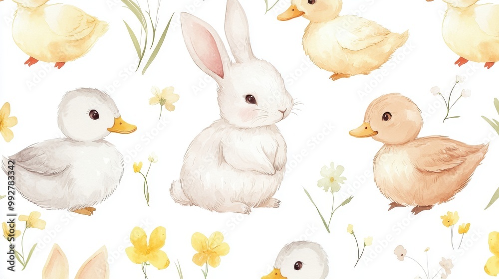 A charming and whimsical illustration featuring adorable rabbits and ducks among colorful flowers, perfect for spring themes. A charming and whimsical illustration featuring adorable rabbits and ducks among colorful flowers, perfect for spring themes.