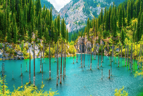 Lake Kaindy is in the Kungey Alatau mountain range and is part of the northern Tien Shan. Lake Kaindy is located in the south of Kazakhstan, within Kolsay Lakes National Park photo