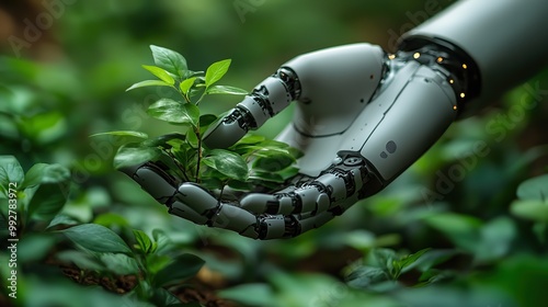 A concept of environmental technology with a robot hand holding plants represents the intersection of AI, ecology, and sustainable development goals.