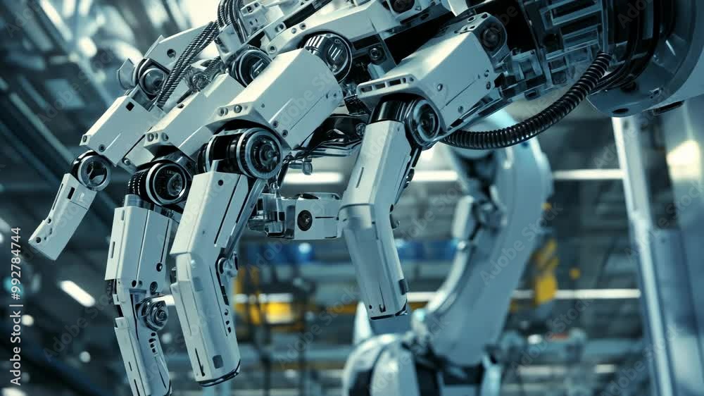 A robotic arm extends its mechanical fingers in a factory setting A robotic arm extends its mechanical fingers in a factory setting