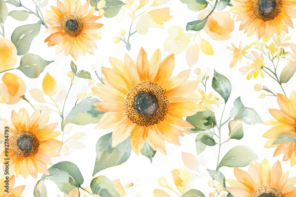 Obraz premium A vibrant watercolor pattern featuring cheerful sunflowers and delicate foliage, perfect for nature-themed designs.