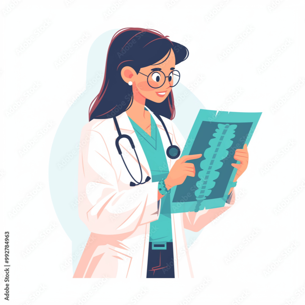 Doctor watching x-ray, flat vector illustration, white background Doctor watching x-ray, flat vector illustration, white background