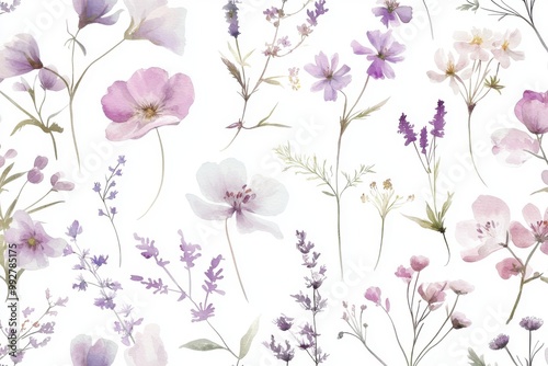 Beautiful watercolor floral pattern featuring delicate purple and white flowers on a clean background, ideal for various design projects.