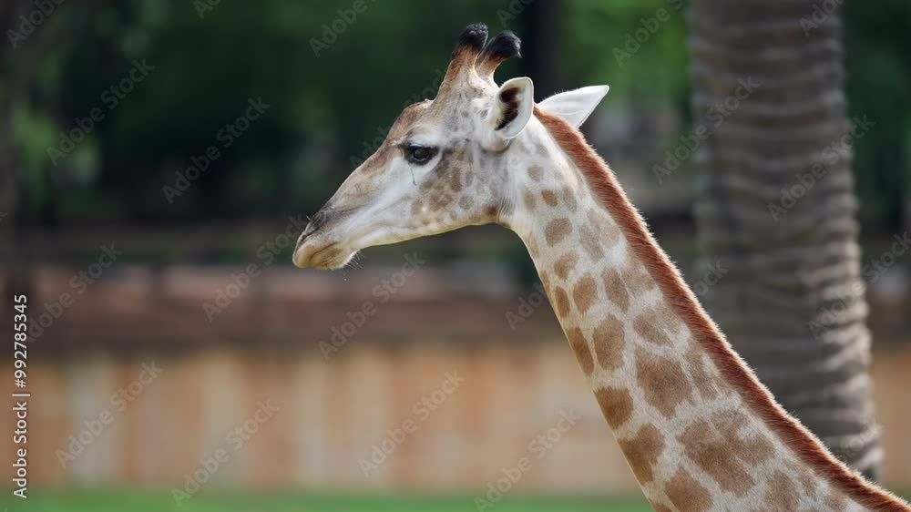 A giraffe is standing in front of a palm tree. The giraffe is looking at the camera A giraffe is standing in front of a palm tree. The giraffe is looking at the camera