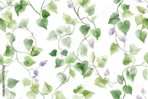 Beautiful watercolor pattern featuring delicate green leaves and purple buds, perfect for nature-themed designs and backgrounds.