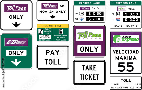 Toll Road and Electronic Payment Sign Collection Featuring Pay Toll, Express Lane, Toll Pricing, and Ticket Collection. Road signs in the United States.