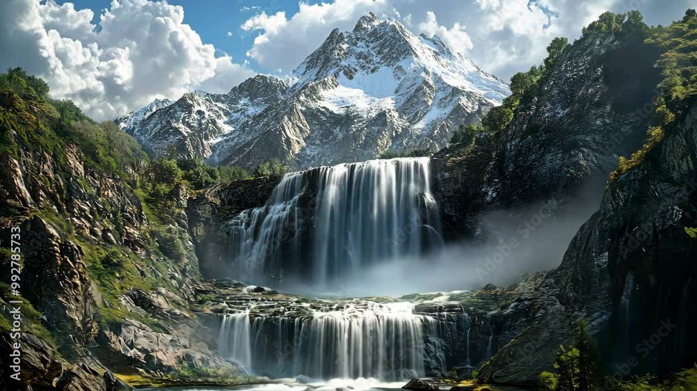A majestic waterfall cascades down a rocky cliff, with a snow-capped mountain in the background A majestic waterfall cascades down a rocky cliff, with a snow-capped mountain in the background