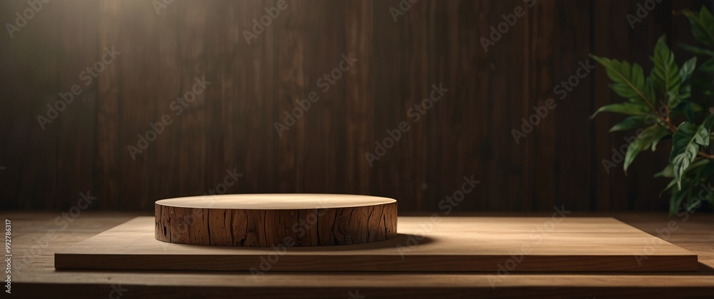 Minimal wood podium with with sunlight background. Minimal wooden stand for branding and packaging presentation Minimal wood podium with with sunlight background. Minimal wooden stand for branding and packaging presentation