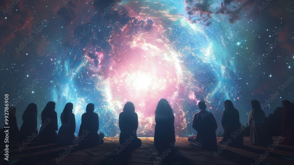 Silhouettes of people gazing up at a swirling nebula in the night sky, a sense of wonder and awe. Silhouettes of people gazing up at a swirling nebula in the night sky, a sense of wonder and awe.