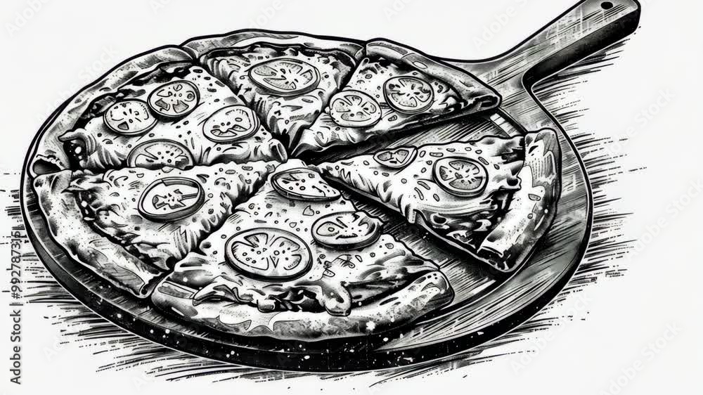 A black and white illustration of a pizza on a wooden board