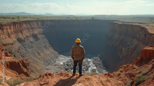 Worker Looking Over Large Open Pit Mine