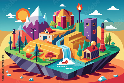 This artwork depicts a lively landscape with mountains, a waterfall, and distinctive structures under a bright sky, Customizable illustration that is departing and disproportionate.