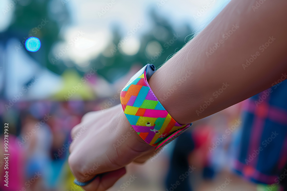 A close-up of a colorful wristband on a person's wrist, set against a blurred background of a lively outdoor event.