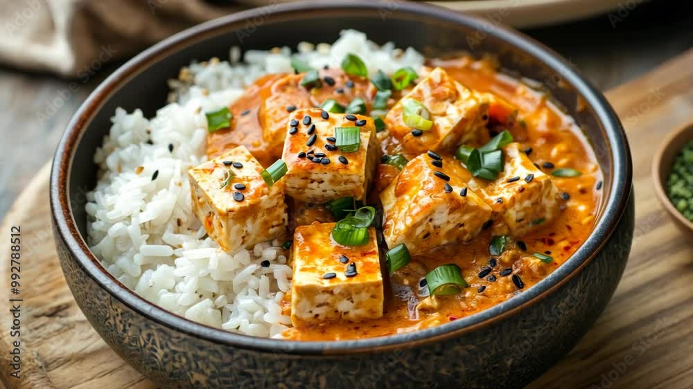 A bowl of tofu curry with rice, topped with sesame seeds and green onions, sits on a wooden table A bowl of tofu curry with rice, topped with sesame seeds and green onions, sits on a wooden table
