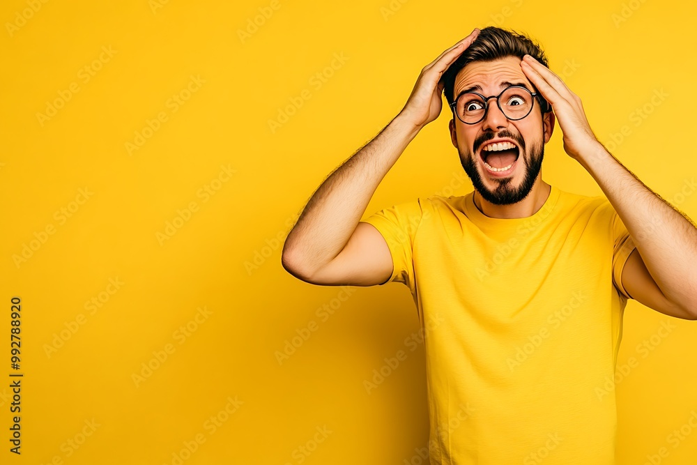 Surprised young man with beard in casual clothes looking away while standing over color background Surprised young man with beard in casual clothes looking away while standing over color background