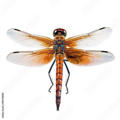 Detailed Close-Up Of Colorful Dragonfly With Transparent Wings On A White Background