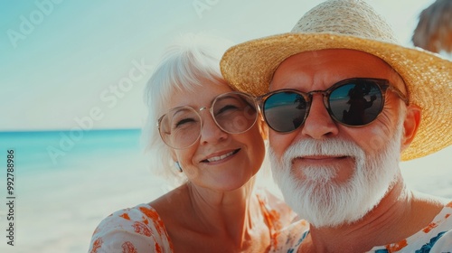  good-looking senior couple tourist. Enjoy free time outdoors near the sea on the beach. Looking at the camera while relaxing on a clear day Poses for travel selfies smiling happy tropical. #992788986