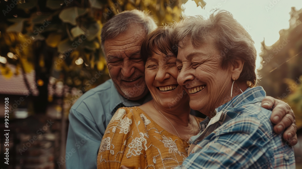 Obraz premium couple senior family smile and happy activity together, cuddling, warm hugs, senior or adult love, married couple, warm family. Husband and wife in love so fun in important days, celebrating