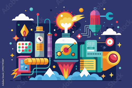 This illustration showcases a whimsical arrangement of machinery with colorful elements and unique shapes, Customizable illustration with disproportionate elements.