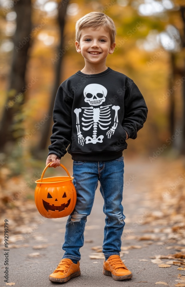 A boy in a black sweatshirt with skeleton print, blue jeans, and orange shoes holds a pumpkin bucket A boy in a black sweatshirt with skeleton print, blue jeans, and orange shoes holds a pumpkin bucket