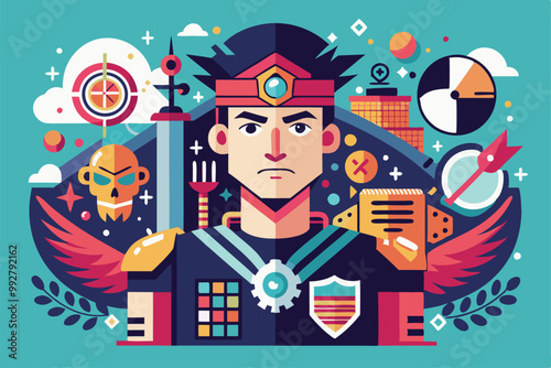 A dynamic illustration features a heroic character surrounded by various imaginative symbols and patterns, Customizable illustration with disproportionate elements.