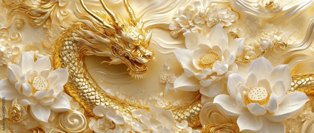 A golden dragon entwines around the body of lotus flowers