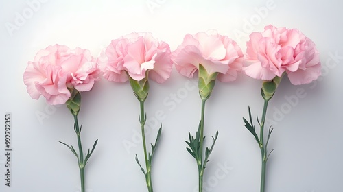 Soft pastel-colored carnations arranged neatly on a white backdrop, hyper real, high quality, sharp images, graphic, illustration photo